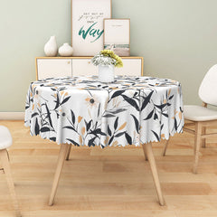 Aperturee - Aperturee Minimalist White Round Tablecloth with Leaf and Floral Line Art for Modern Botanical Dining Decor