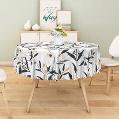 Aperturee - Aperturee Minimalist White Round Tablecloth with Leaf and Floral Line Art for Modern Botanical Dining Decor