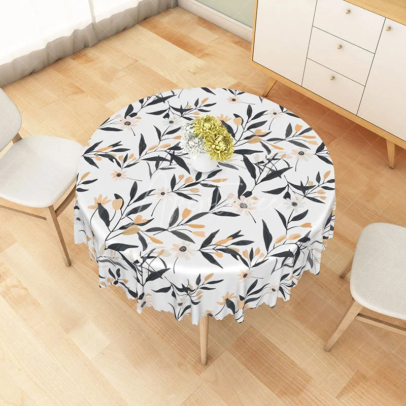 Aperturee - Aperturee Minimalist White Round Tablecloth with Leaf and Floral Line Art for Modern Botanical Dining Decor