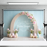 Aperturee - Aperturee Minimalist Wood Arch Easter Photography Backdrop Pink Roses and Pastel Eggs Blue Wall Studio Background