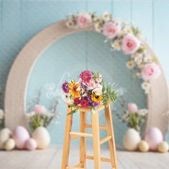 Aperturee - Aperturee Minimalist Wood Arch Easter Photography Backdrop Pink Roses and Pastel Eggs Blue Wall Studio Background