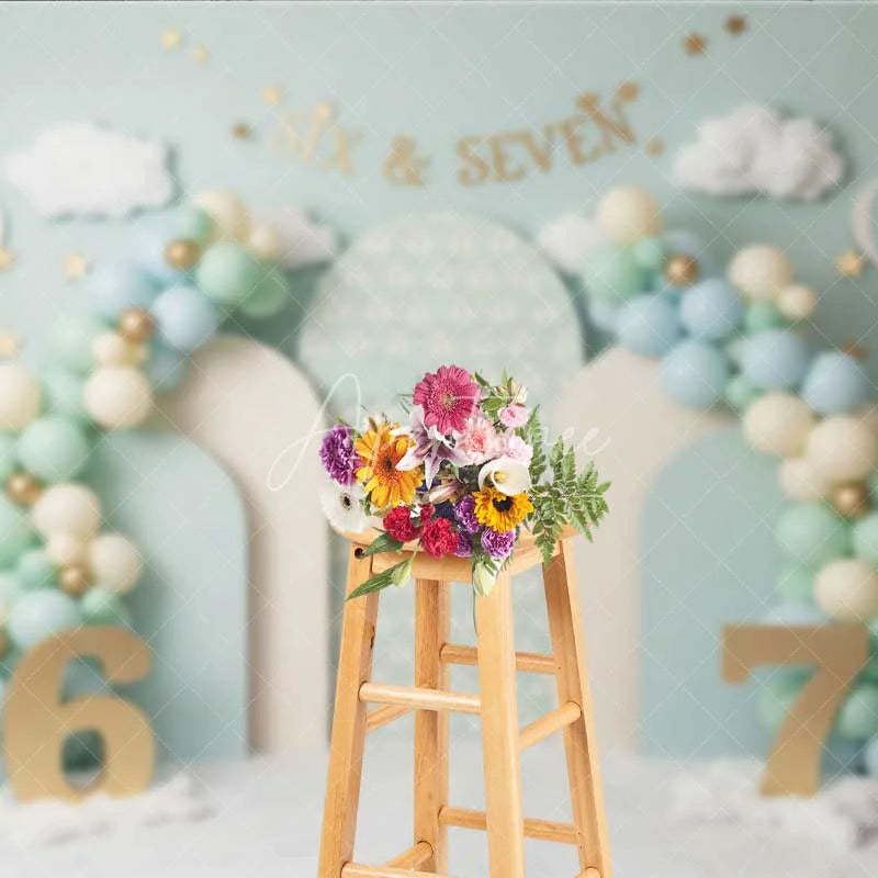 Aperturee - Aperturee Mint Green Six and Seven Photography Backdrop Hot Air Balloon Birthday Banner