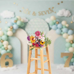 Aperturee - Aperturee Mint Green Six and Seven Photography Backdrop Hot Air Balloon Birthday Banner