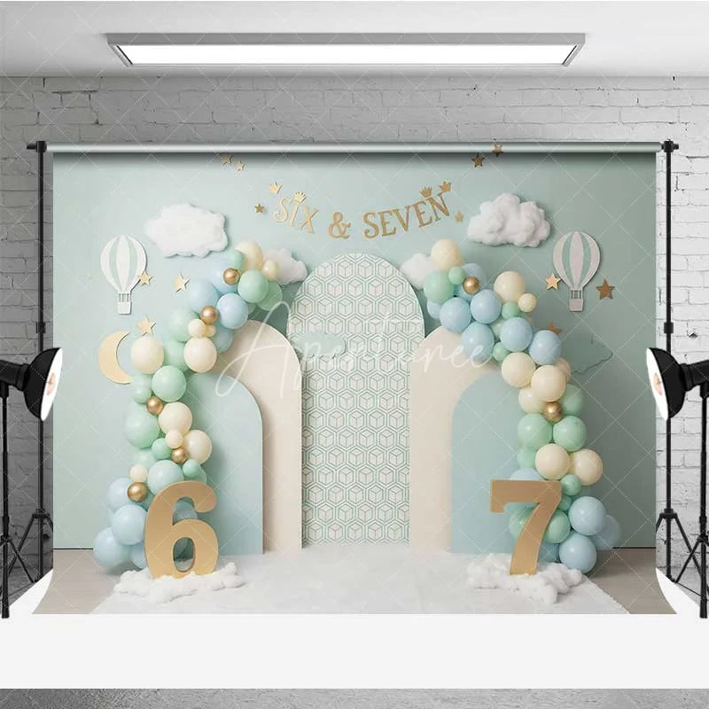 Aperturee - Aperturee Mint Green Six and Seven Photography Backdrop Hot Air Balloon Birthday Banner