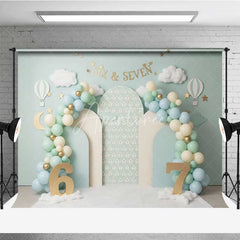 Aperturee - Aperturee Mint Green Six and Seven Photography Backdrop Hot Air Balloon Birthday Banner