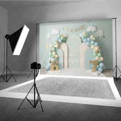Aperturee - Aperturee Mint Green Six and Seven Photography Backdrop Hot Air Balloon Birthday Banner