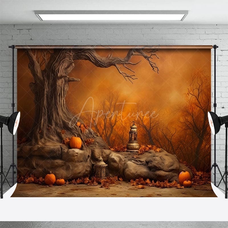 Aperturee - Aperturee Misty Forest Night Autumn Pumpkin Halloween Backdrop
