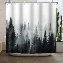 Aperturee - Aperturee Misty Pine Forest Shower Curtain Foggy Nature Tree Landscape Bathroom Decoration Modern Farmhouse Grey Woodland Bath