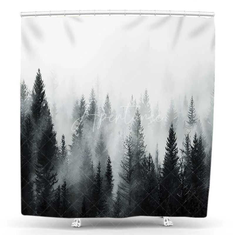 Aperturee - Aperturee Misty Pine Forest Shower Curtain Foggy Nature Tree Landscape Bathroom Decoration Modern Farmhouse Grey Woodland Bath