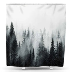 Aperturee - Aperturee Misty Pine Forest Shower Curtain Foggy Nature Tree Landscape Bathroom Decoration Modern Farmhouse Grey Woodland Bath