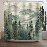 Aperturee - Aperturee Misty Pine Forest Shower Curtain Watercolor Green Mountain Landscape Serene Nature Bathroom Decor