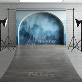 Aperturee - Aperturee Modern Abstract Blue Textured Arch Sweep Backdrop with Wood Floor for Portrait Photography