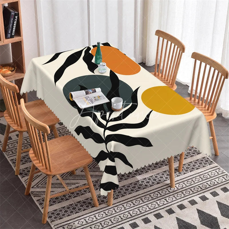 Aperturee - Aperturee Modern Abstract Botanical Leaf Rectangle Tablecloth with Organic Shapes Black Yellow Teal Dining Decor