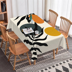 Aperturee - Aperturee Modern Abstract Botanical Leaf Rectangle Tablecloth with Organic Shapes Black Yellow Teal Dining Decor