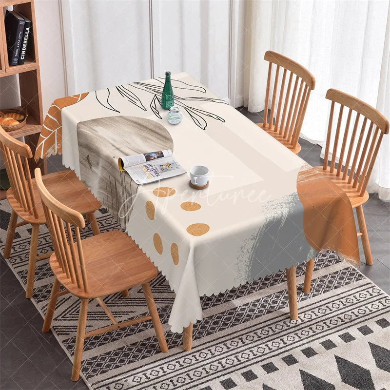 Aperturee - Aperturee Modern Abstract Botanical Line Art Rectangle Tablecloth Terracotta Scalloped Edge Dining Decor
