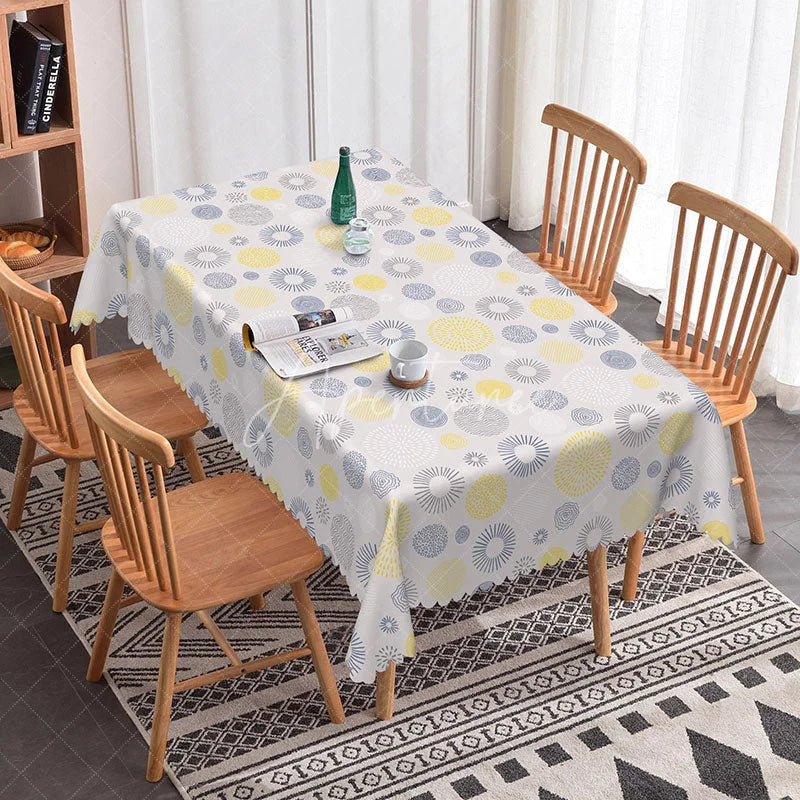Aperturee - Aperturee Modern Abstract Circles Rectangle Tablecloth Yellow and Grey Geometric Pattern Contemporary Dining Home Kitchen Decor
