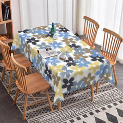 Aperturee - Aperturee Modern Abstract Floral Rectangle Tablecloth with Blue Yellow Brown Brush Strokes Scalloped Edge Home Decor