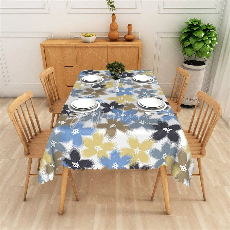 Aperturee - Aperturee Modern Abstract Floral Rectangle Tablecloth with Blue Yellow Brown Brush Strokes Scalloped Edge Home Decor