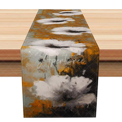 Aperturee - Aperturee Modern Abstract Floral Table Runner Grey Gold and White Botanical Elegant Minimalist Kitchen Decor