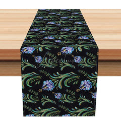Aperturee - Aperturee Modern Abstract Floral Table Runner with Black and Green Leaves for Elegant Botanical Dining Room Decor