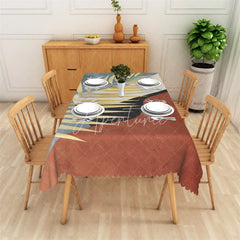 Aperturee - Aperturee Modern Abstract Geometric Rectangle Tablecloth with Scalloped Edge Terracotta Black and Blue Decor