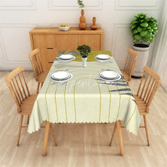 Aperturee - Aperturee Modern Abstract Light Yellow and Olive Green Arch Pattern Rectangle Tablecloth Scalloped Edge Dining Kitchen Decor