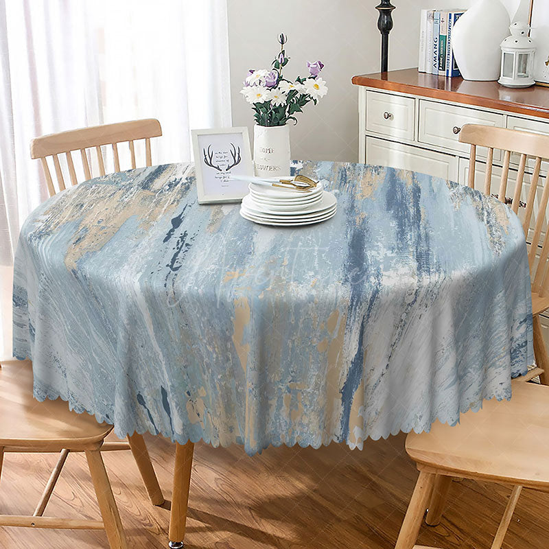 Aperturee - Aperturee Modern Abstract Round Tablecloth in Blue Gold and White for Contemporary and Elegant Dining Decor