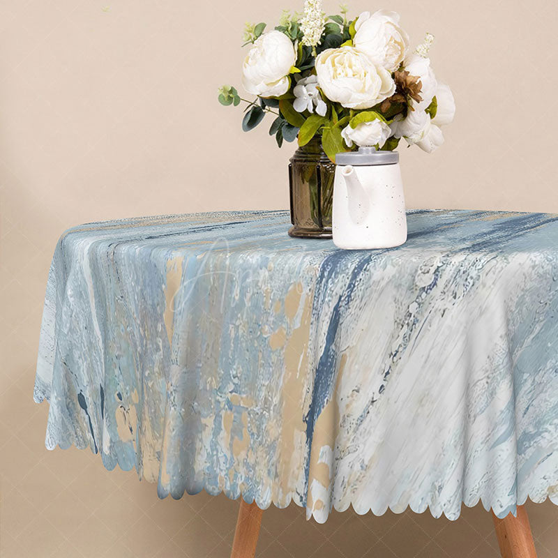 Aperturee - Aperturee Modern Abstract Round Tablecloth in Blue Gold and White for Contemporary and Elegant Dining Decor