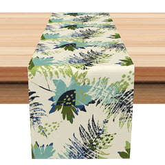 Aperturee - Aperturee Modern Abstract Table Runner with Blue and Green Leaves Pattern for Botanical Kitchen and Dining Room Decor
