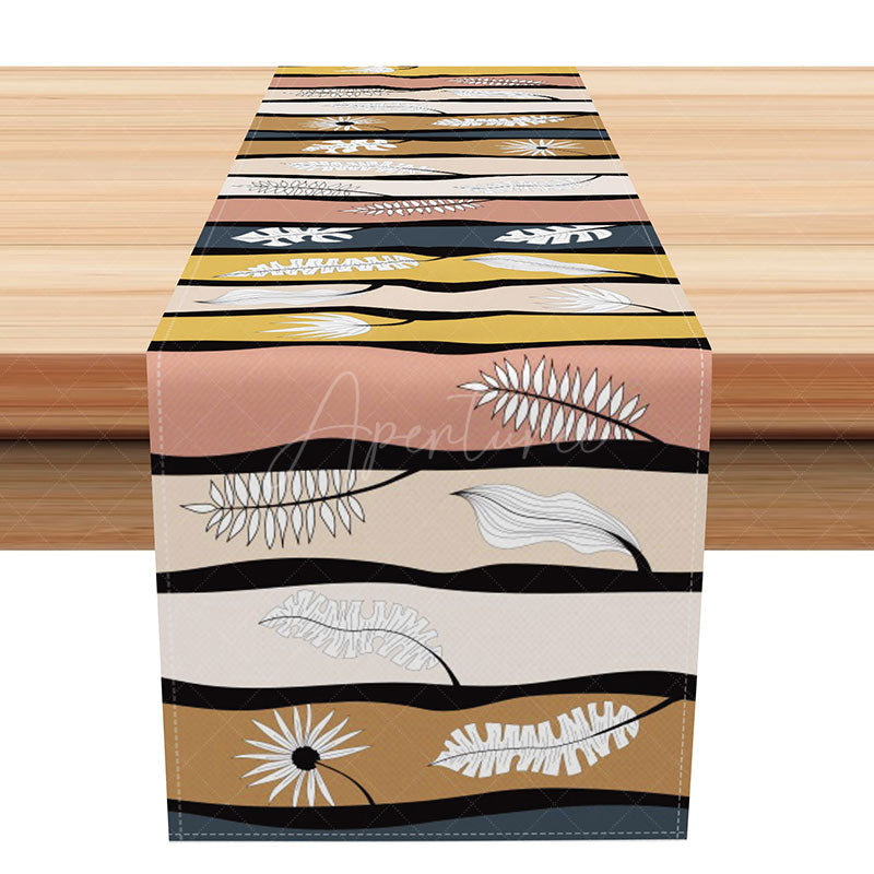 Aperturee - Aperturee Modern Abstract Table Runner with Feather Floral and Plant Print for Boho Chic Kitchen Dining Decor
