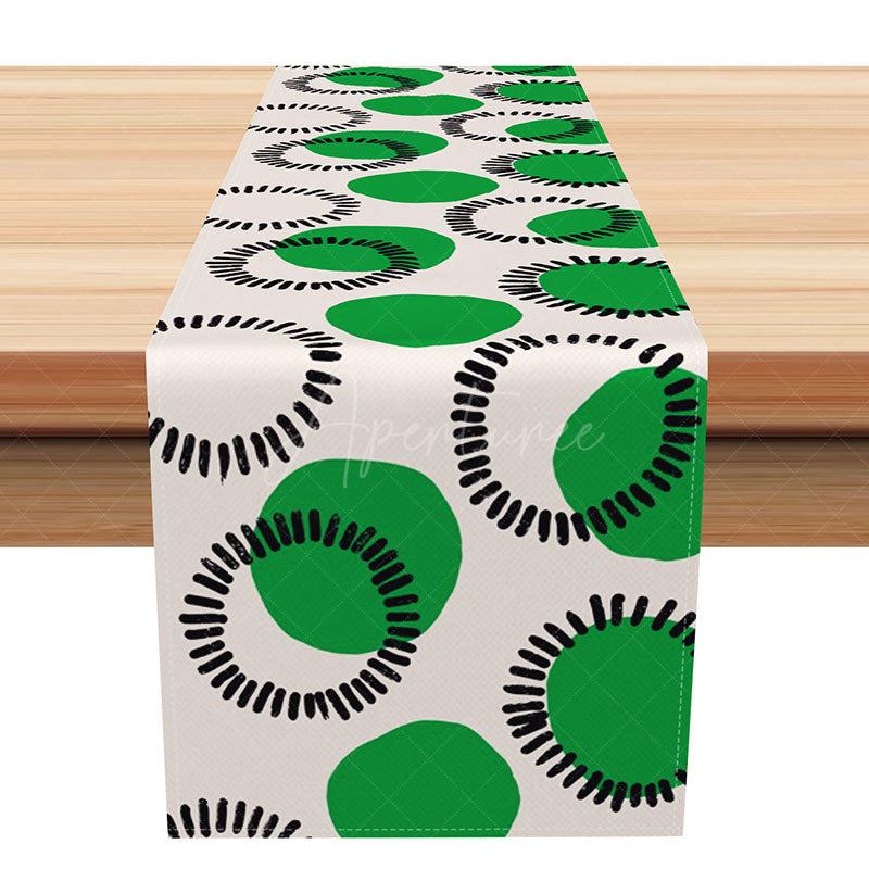 Aperturee - Aperturee Modern Abstract Table Runner with Green and Black Circle Pattern for Contemporary Kitchen Dining Decor