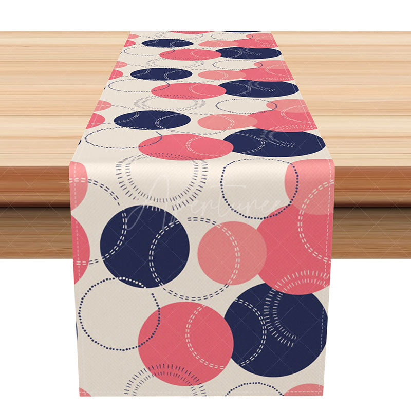 Aperturee - Aperturee Modern Abstract Table Runner with Pink and Navy Circle Pattern for Contemporary Dining Room Table Decor