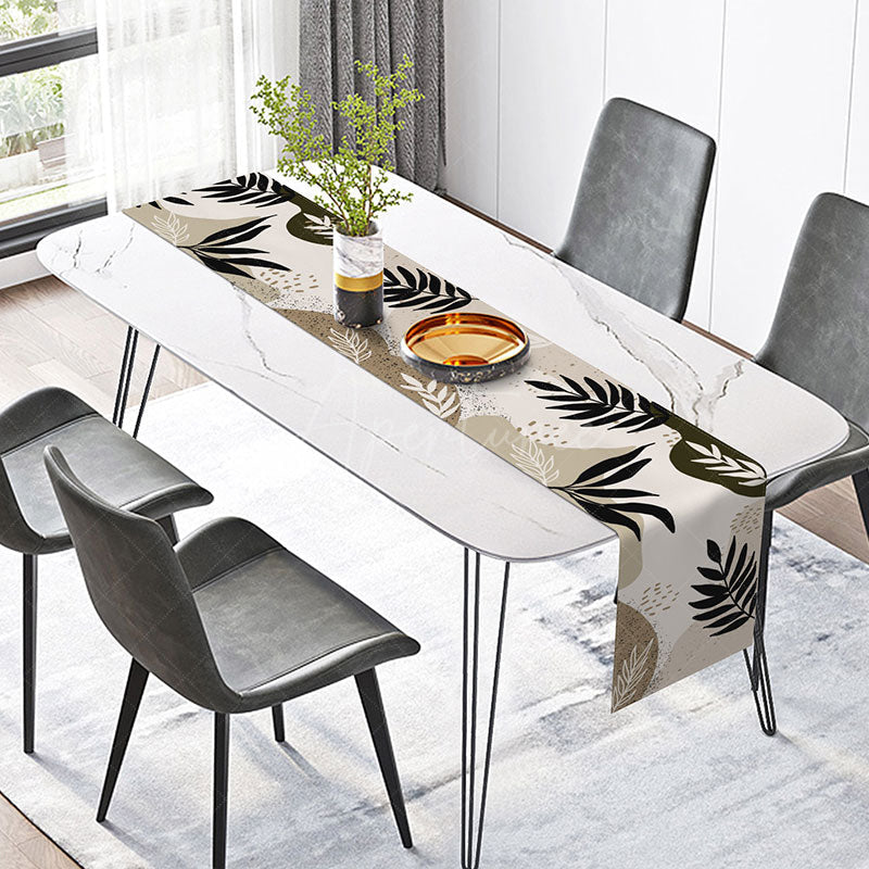 Aperturee - Aperturee Modern and Simple Leaf Pattern Table Runner Minimalist Botanical Greenery Fresh Farmhouse Kitchen Decor