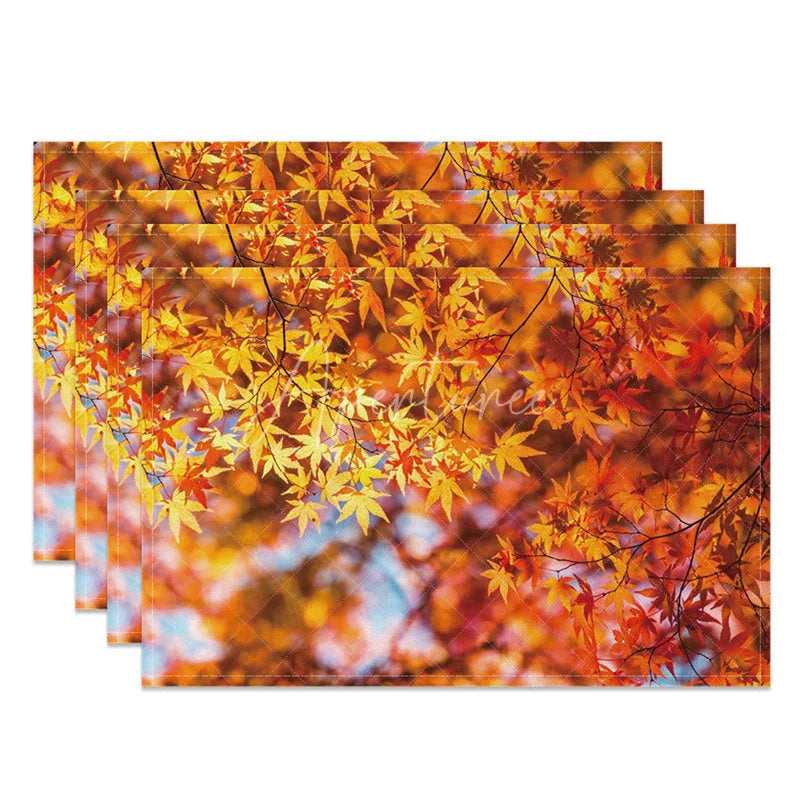 Aperturee - Aperturee Modern Autumn Fall Foliage Print Set of 4 Placemats for Thanksgiving Dinner and Seasonal Kitchen Table Decor