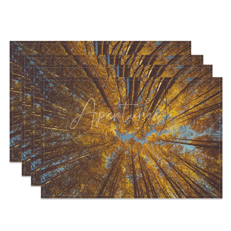 Aperturee - Aperturee Modern Autumn Yellow Tree Pattern Set of 4 Placemats for Fall Season and Thanksgiving Dining Decor