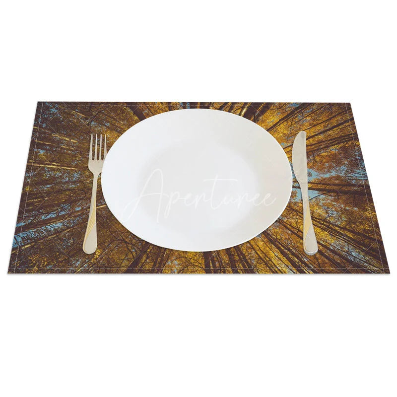 Aperturee - Aperturee Modern Autumn Yellow Tree Pattern Set of 4 Placemats for Fall Season and Thanksgiving Dining Decor