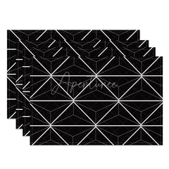 Aperturee - Aperturee Modern Black Abstract Geometric Set of 4 Placemats for Contemporary and Minimalist Dining Table Decor