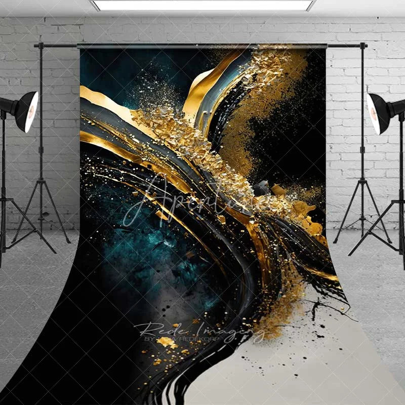 Aperturee - Aperturee Modern Black and Gold Foil Abstract Backdrop Teal Textures and Energetic Fluid Art Background