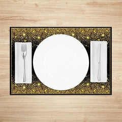 Aperturee - Aperturee Modern Black and Gold Glitter Effect Set of 4 Placemats for Elegant Holiday Wedding and Party Decor