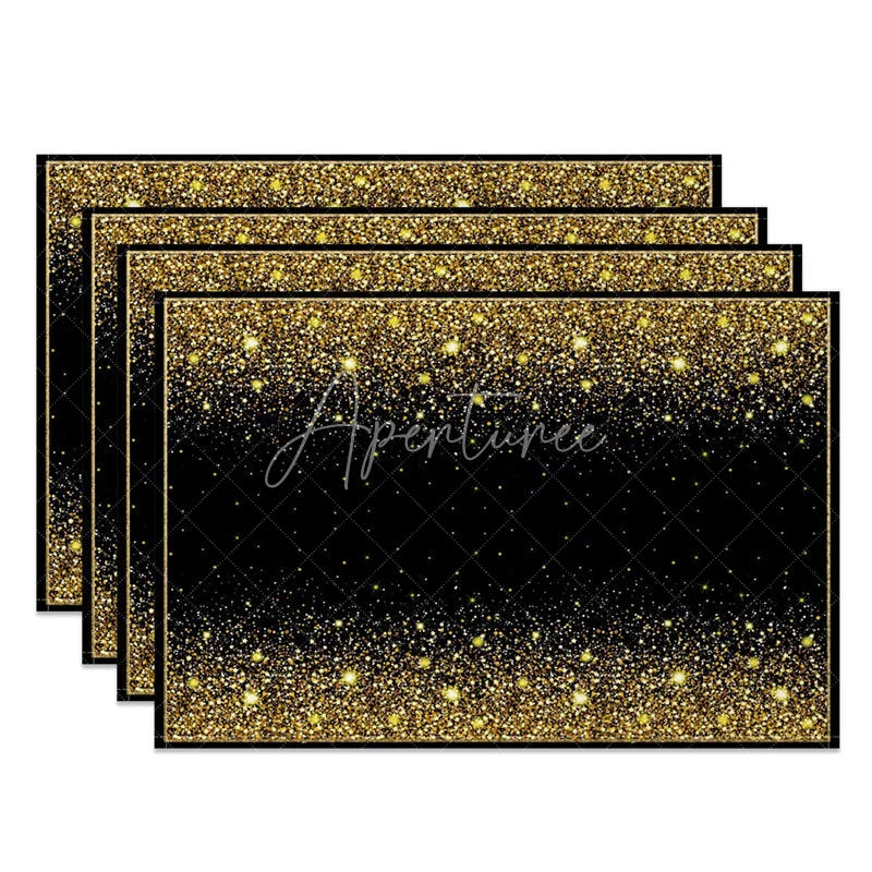 Aperturee - Aperturee Modern Black and Gold Glitter Effect Set of 4 Placemats for Elegant Holiday Wedding and Party Decor