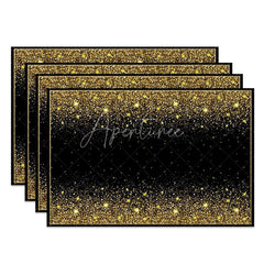 Aperturee - Aperturee Modern Black and Gold Glitter Effect Set of 4 Placemats for Elegant Holiday Wedding and Party Decor