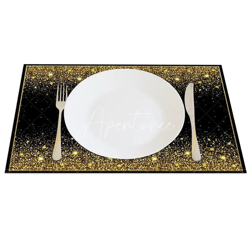 Aperturee - Aperturee Modern Black and Gold Glitter Effect Set of 4 Placemats for Elegant Holiday Wedding and Party Decor