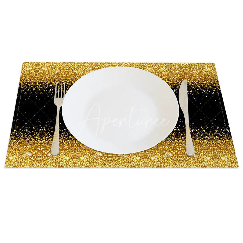 Aperturee - Aperturee Modern Black and Gold Glitter Set of 4 Placemats for Elegant New Year’s Eve and Holiday Parties