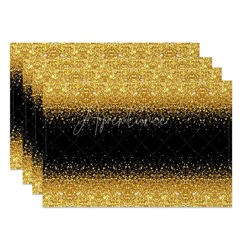 Aperturee - Aperturee Modern Black and Gold Glitter Set of 4 Placemats for Elegant New Year’s Eve and Holiday Parties