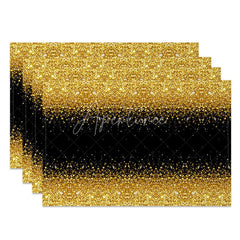 Aperturee - Aperturee Modern Black and Gold Glitter Set of 4 Placemats for Elegant New Year’s Eve and Holiday Parties