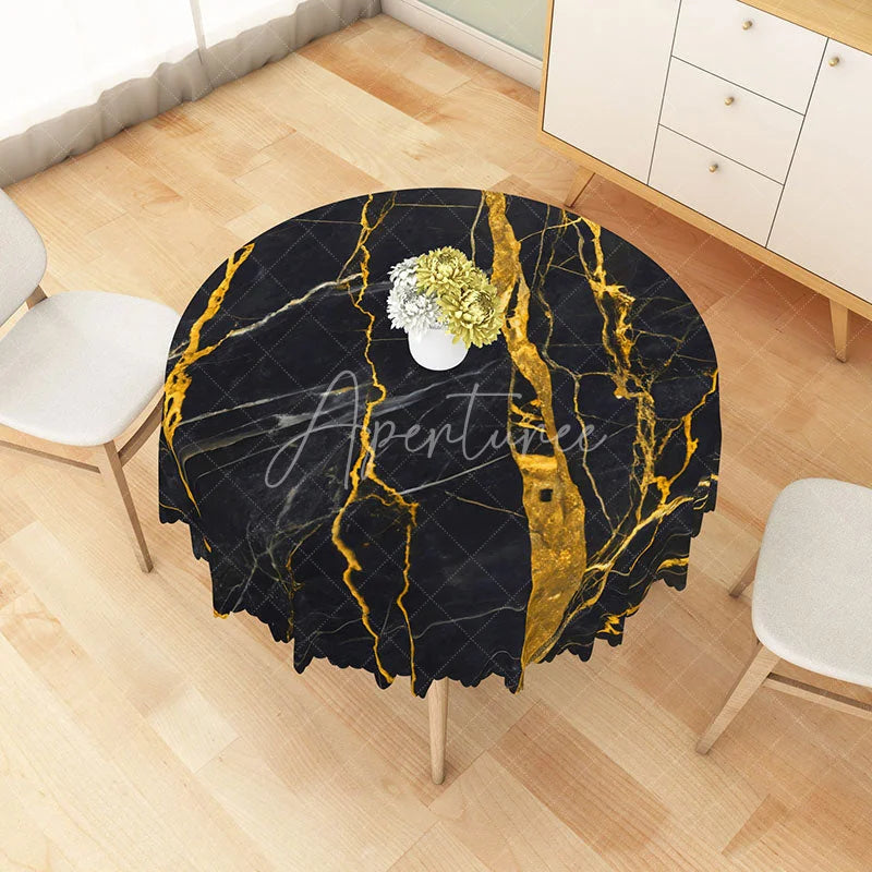 Aperturee - Aperturee Modern Black and Gold Marble Round Tablecloth for Luxury and Elegant Formal Dining Table Decor