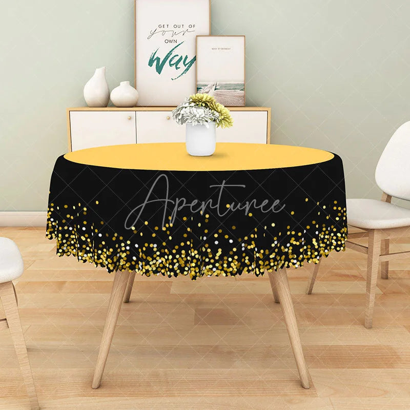 Aperturee - Aperturee Modern Black and Gold Polka Dot Round Tablecloth for Elegant Birthday and New Year’s Eve Party Decor
