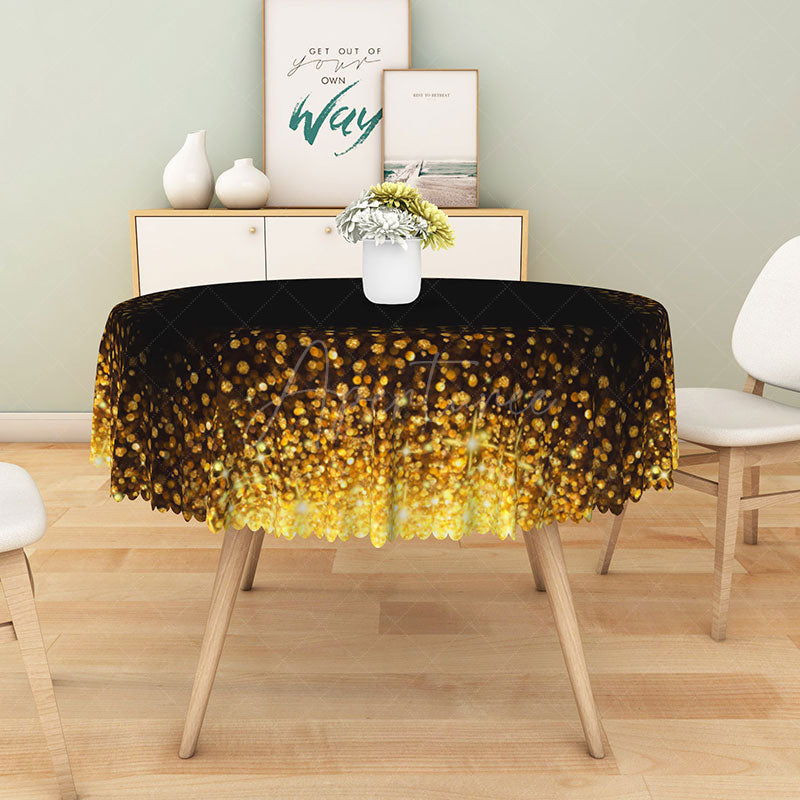 Aperturee - Aperturee Modern Black and Gold Polka Dot Round Tablecloth for Elegant Birthday New Year’s or Graduation Party