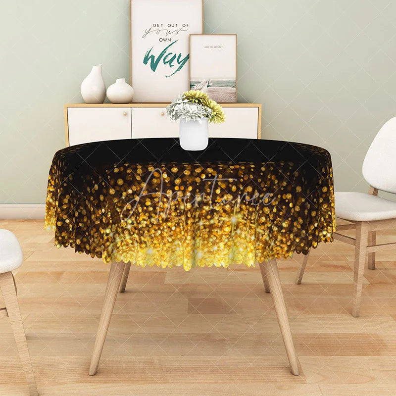 Aperturee - Aperturee Modern Black and Gold Polka Dot Round Tablecloth for Elegant Birthday New Year’s or Graduation Party