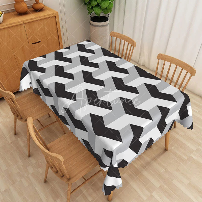 Aperturee - Aperturee Modern Black and Grey Geometric Rectangle Tablecloth for Contemporary and Minimalist Dining Room Decor